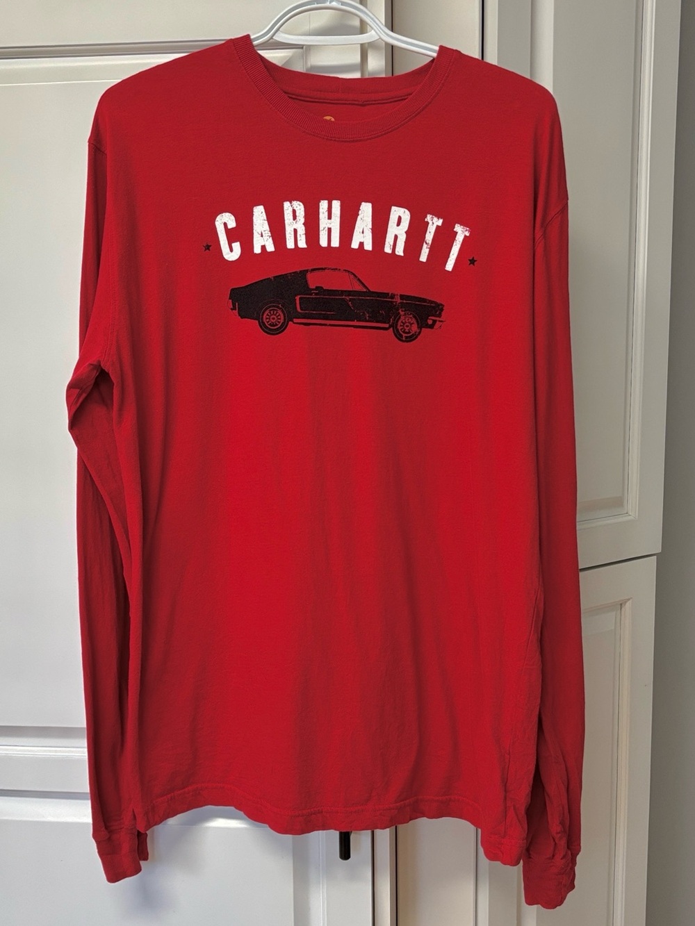 CARHARTT Red Long Sleeve Crew Neck T-Shirt Black Vintage Muscle Car Graphic sz S